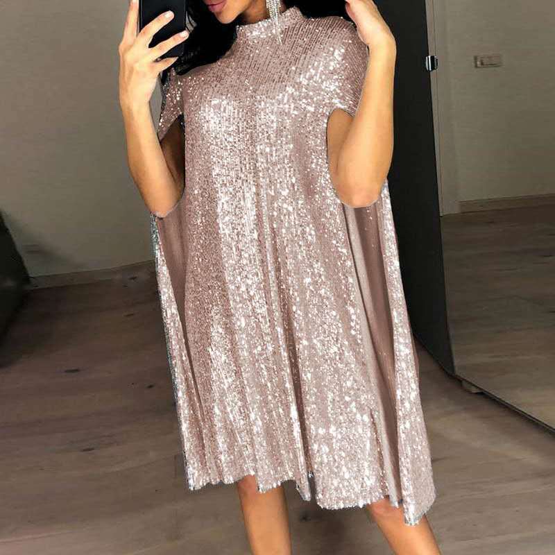 Small Stand Collar Sequin Solid Color Loose Dress