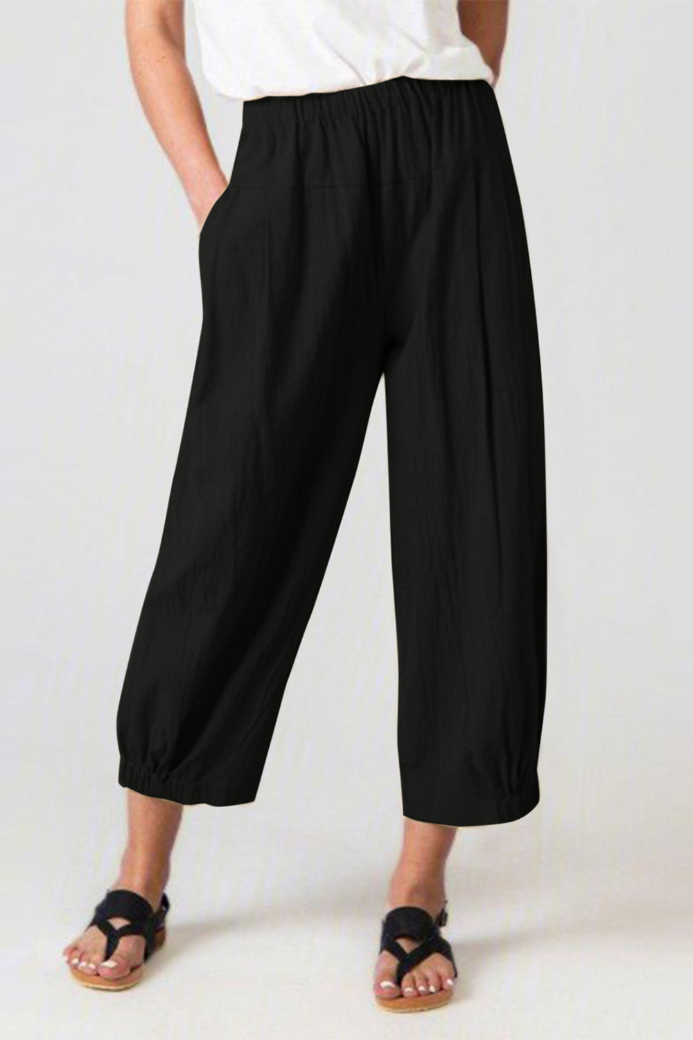 Full Size Elastic Waist Cropped Pants - Babbazon New Products