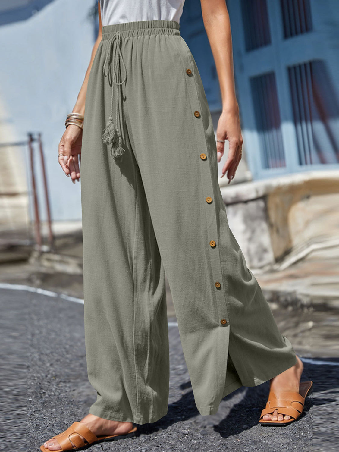 Full Size Tassel Wide Leg Pants - Babbazon GREEN CLOTHING