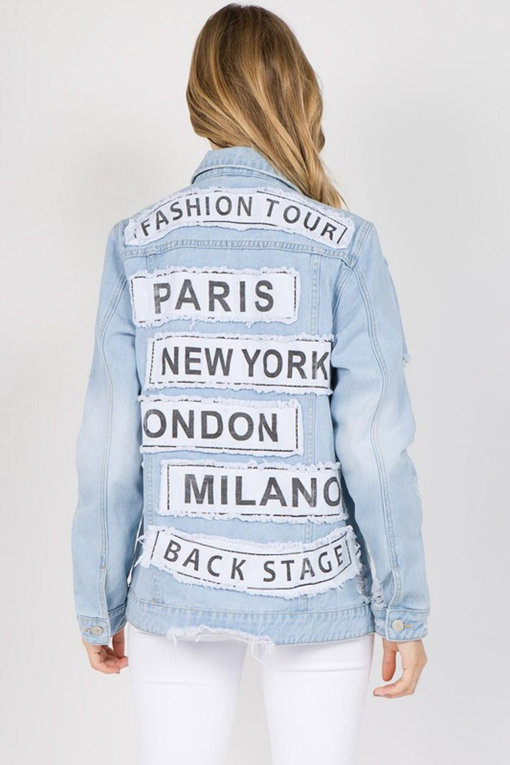 American Bazi Letter Patched Distressed Denim Jacket - Babbazon new