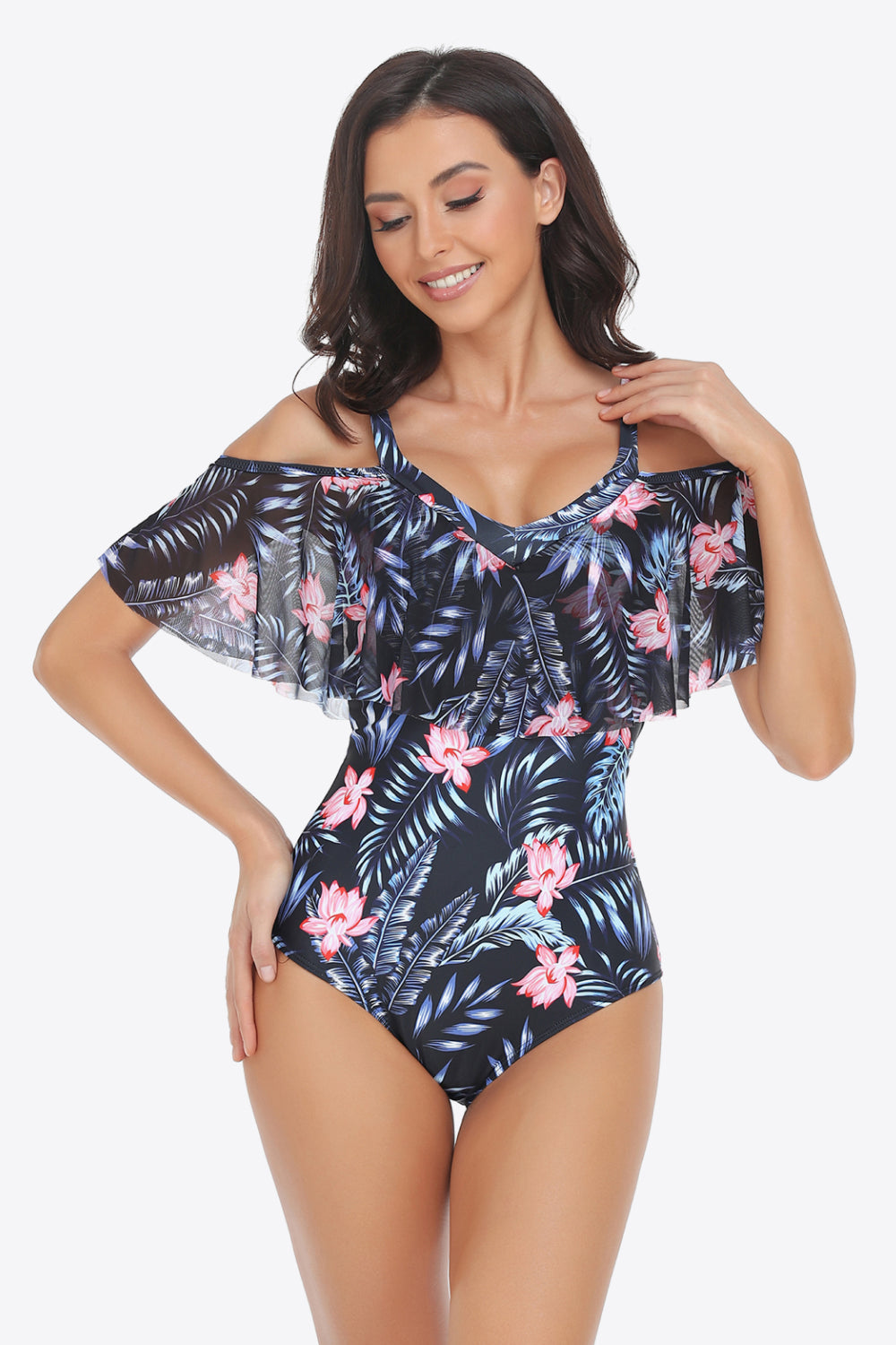 Botanical Print Cold-Shoulder Layered One-Piece Swimsuit 