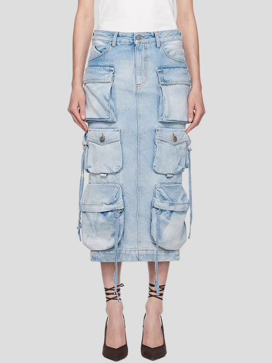 Slit Midi Denim Skirt with Pockets 