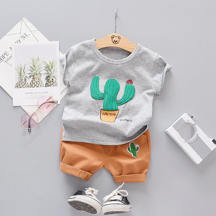 Summer Boys And Girls Cartoon Cactus Pure Cotton T-shirt Children's Suit