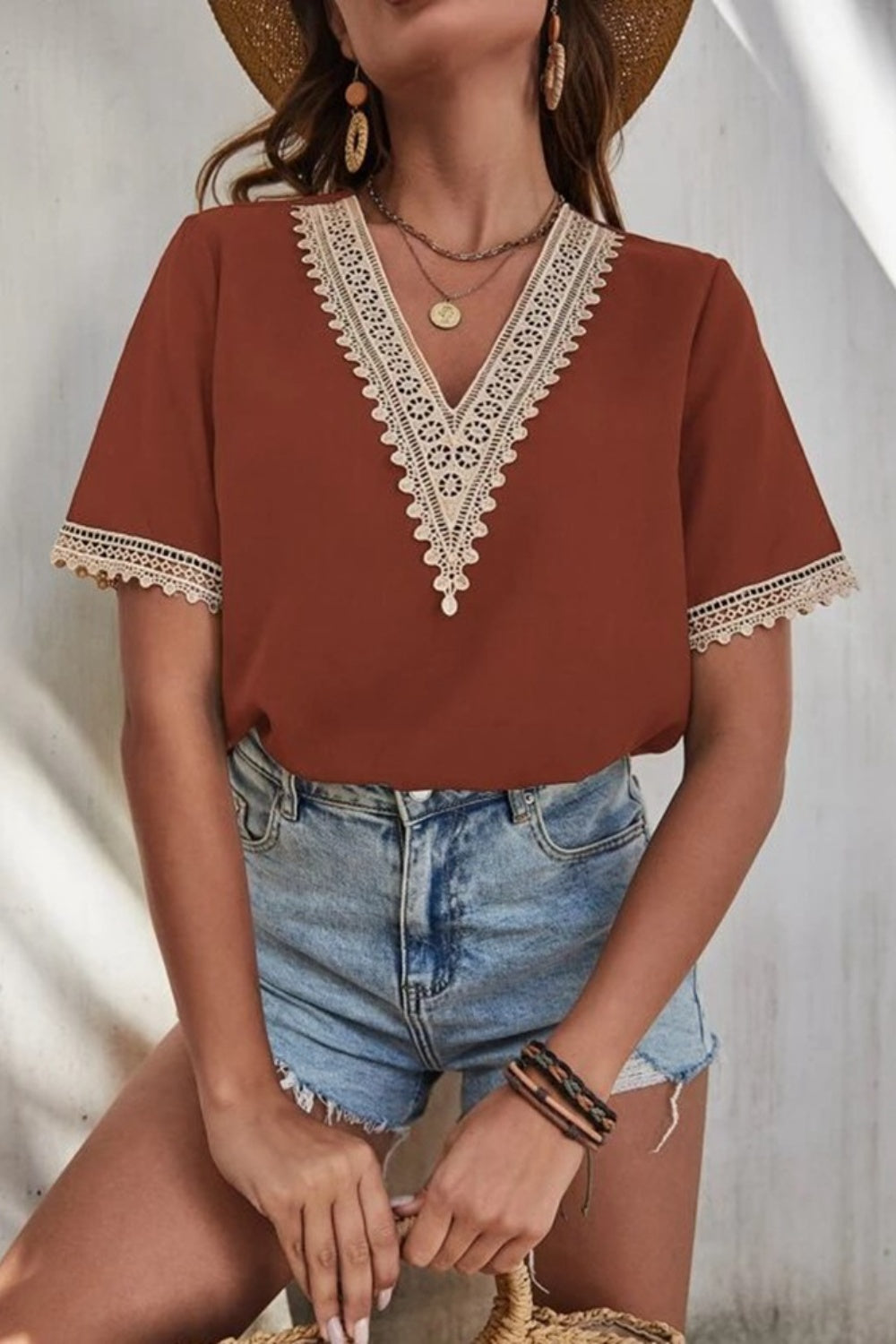 Full Size Lace Detail V-Neck Short Sleeve Blouse 