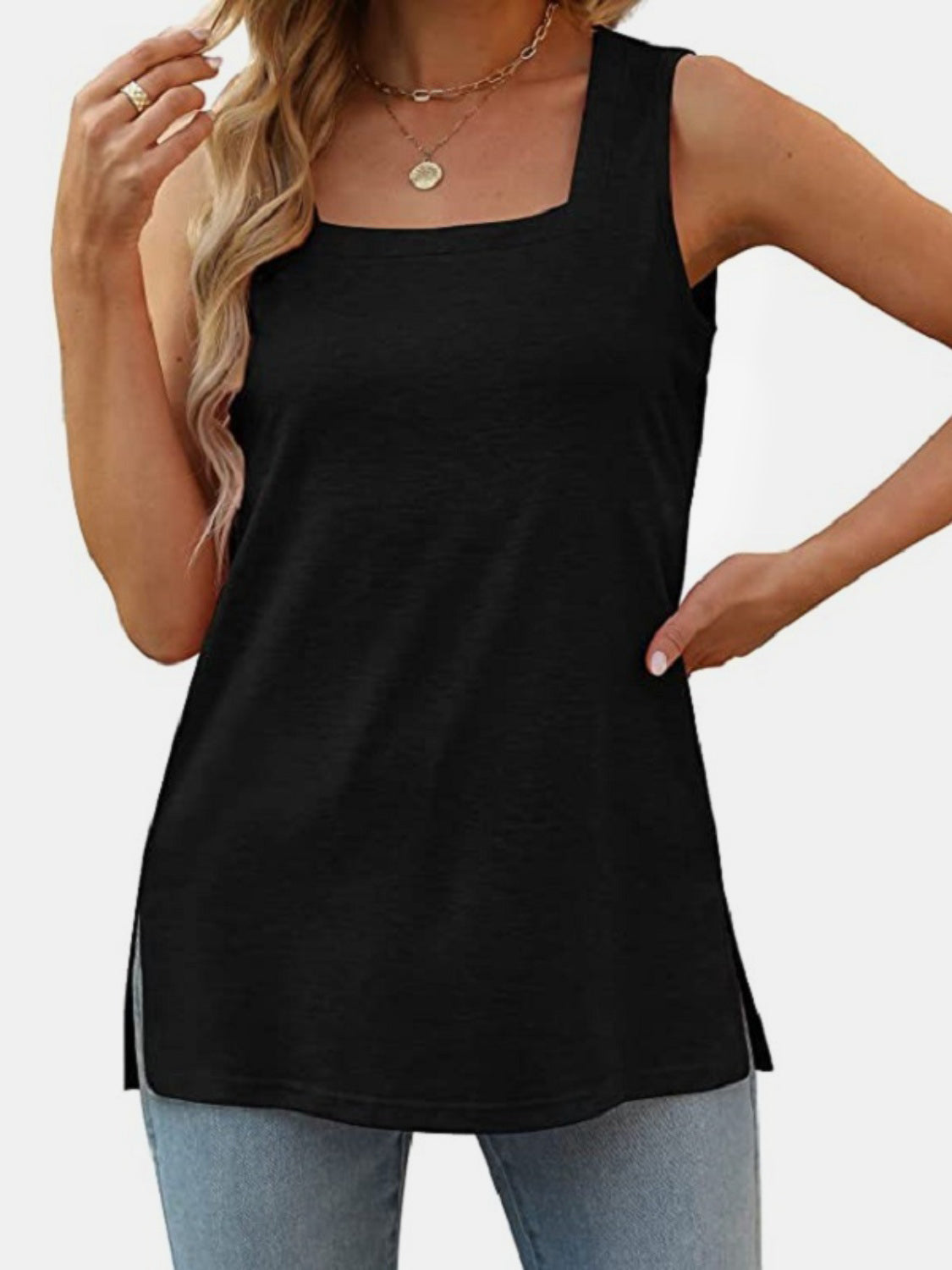 Slit Square Neck Tank - Babbazon New Products