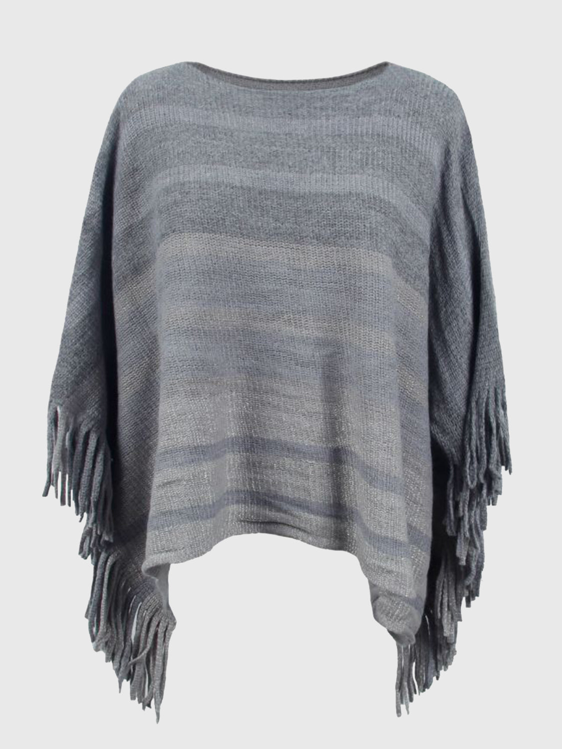 Striped Boat Neck Poncho with Fringes - Babbazon Ponchos