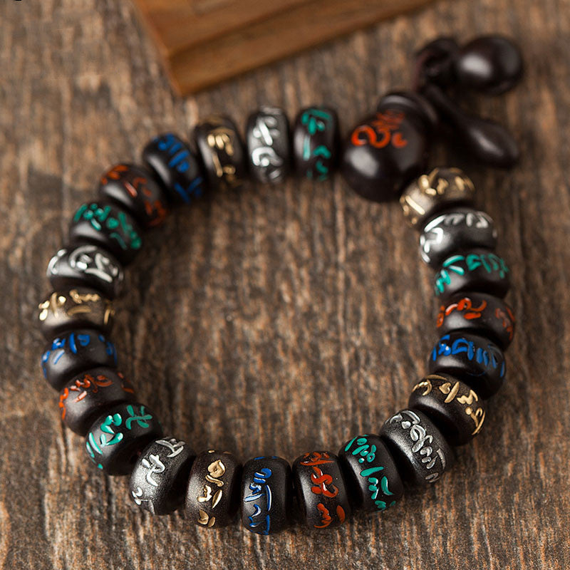 Six Character Mantra Buddha Beads Peach Wood Bracelet