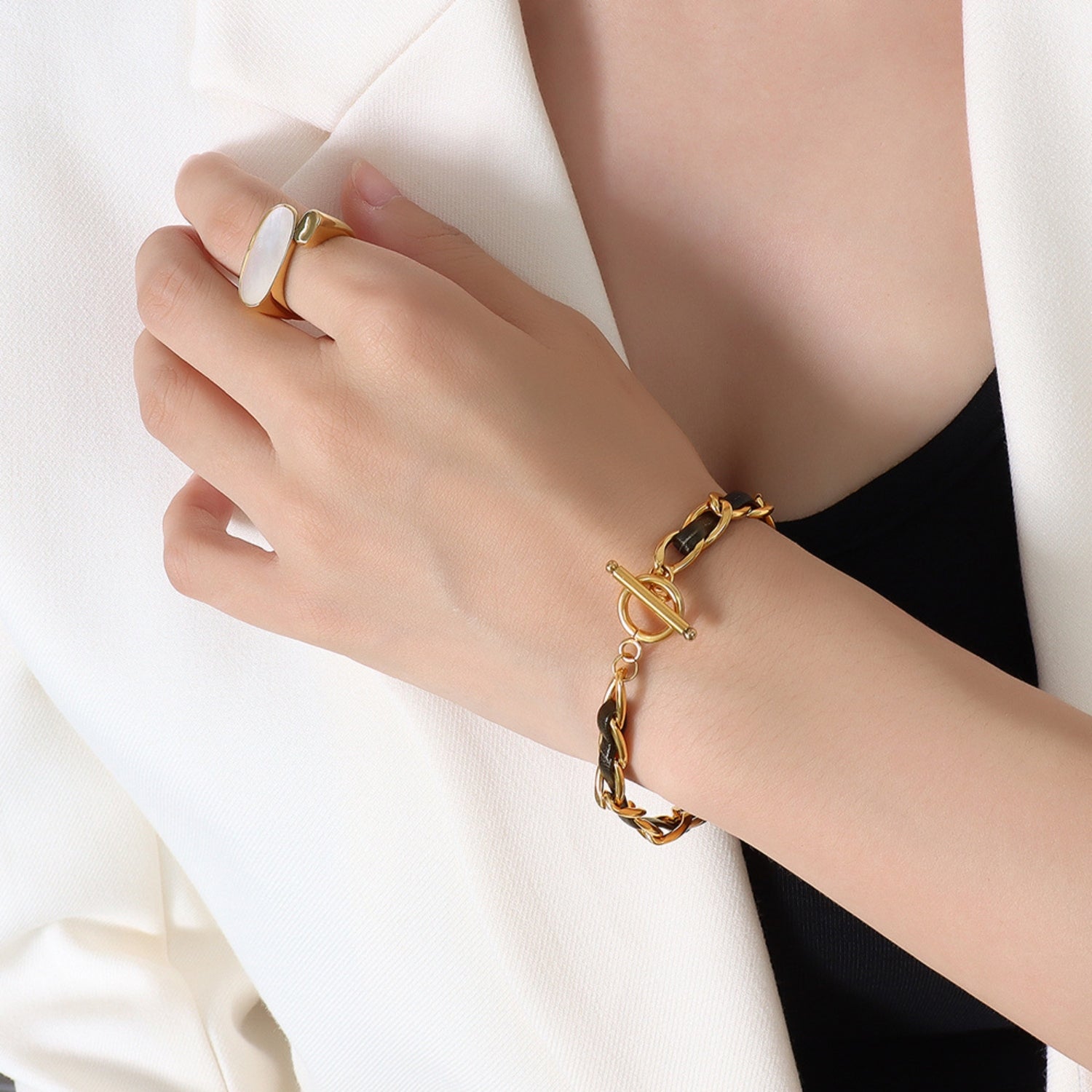 18K Gold-Plated Leather Chain Bracelet 