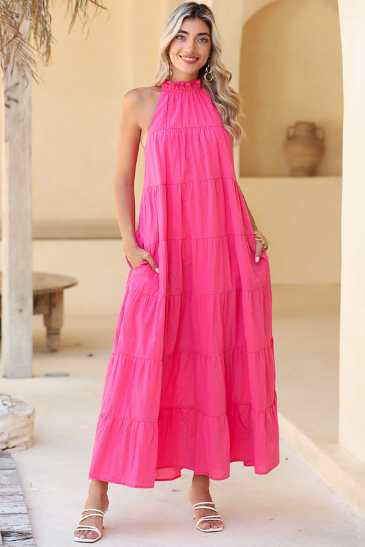 Rose Red Knotted Frill Neck Tiered Flared Maxi Dress - Babbazon Maxi Dresses