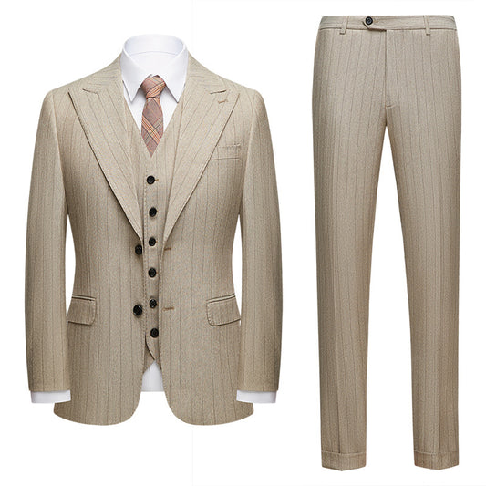 Korean Version Slim Striped Light Coffee Casual Suit Three-piece Suit 