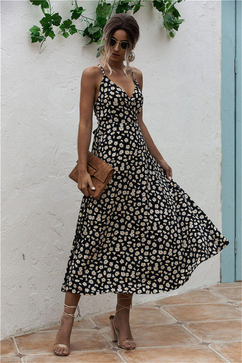 Daisy Print Surplice Midi Cami Dress 