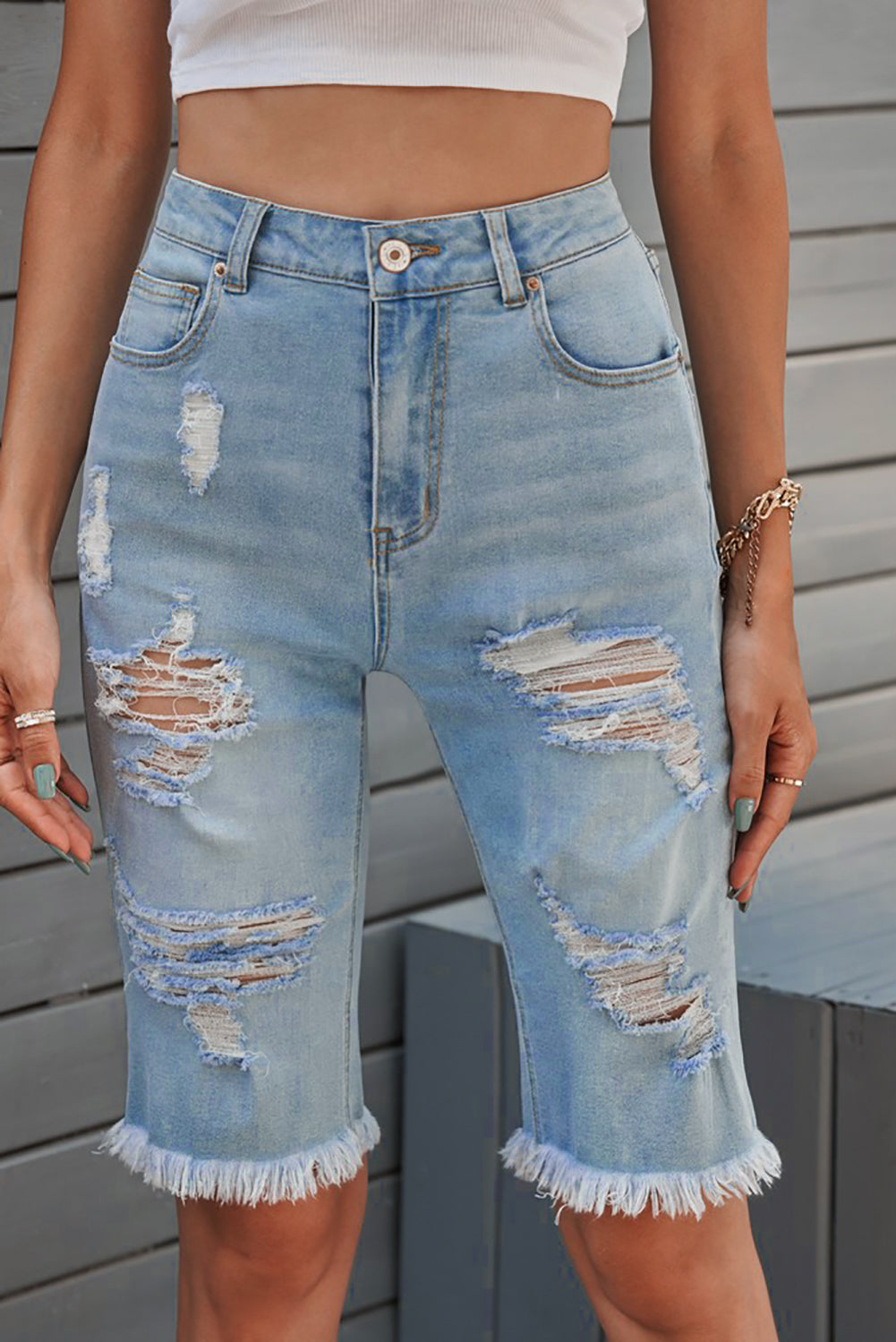 Distressed Raw Hem Denim Bermuda Shorts 