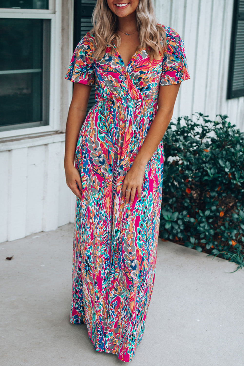 Wholesale Rose Boho Abstract Print V Neck Short Sleeve Maxi Wrap Dress - Babbazon Maxi Dresses