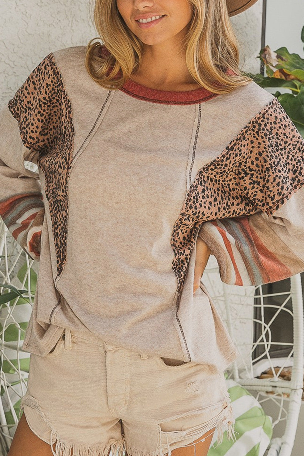 Khaki Leopard Contrast Exposed Seam Long Sleeve Top - Babbazon Long Sleeve Tops