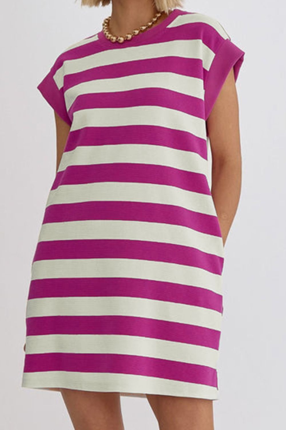 Striped Round Neck Cap Sleeve Dress - Babbazon New Products