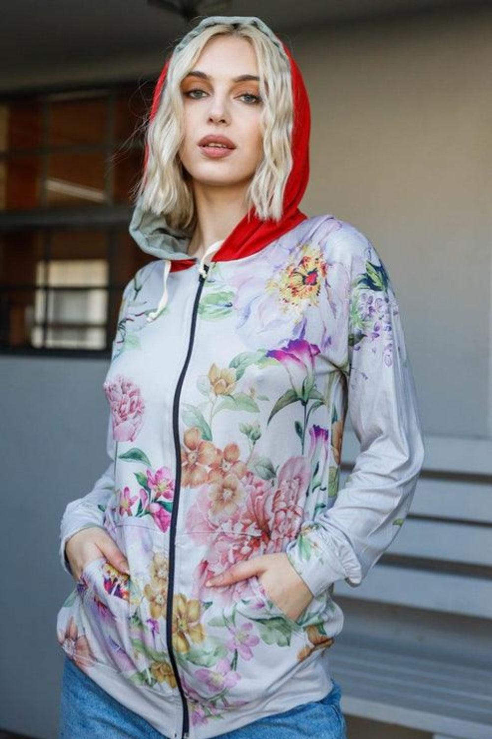 Tasha Apparel Full Size Floral Zip Up Hoodie - Babbazon New Products