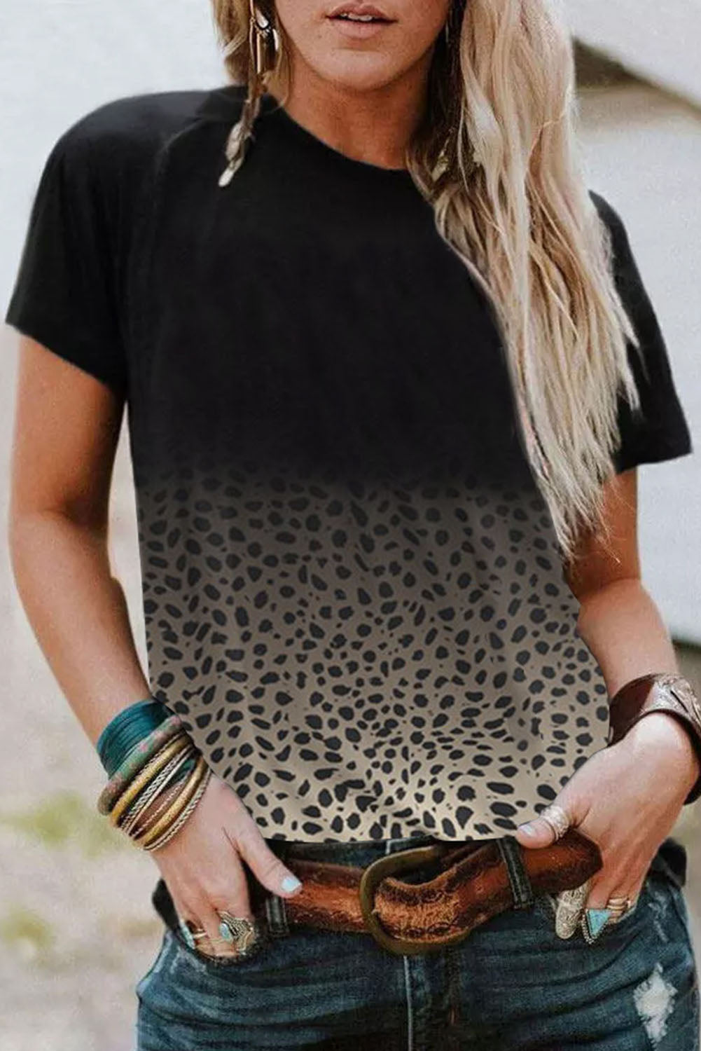 Black Ombre Leopard Print Casual Crew Neck T Shirt for Women - Babbazon T Shirts