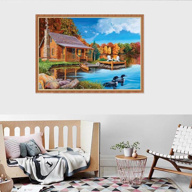 Diamond Painting Cottage Landscape Theme, Wall Stickers, 5D Embroidery, Cross Stitch, Mosaic, Autumn