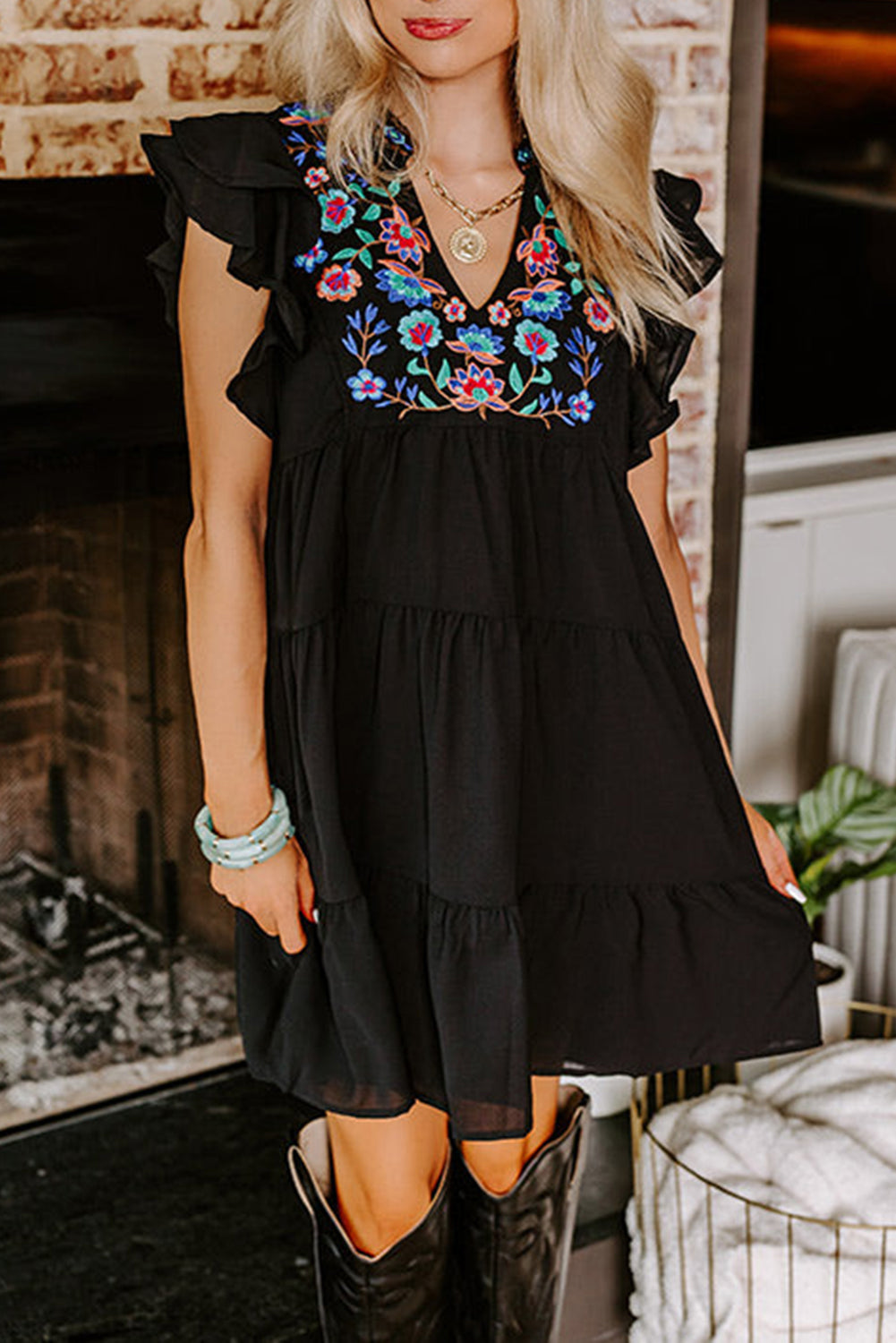 Black Floral Embroidered Frill Neck Ruffle Babydoll Tiered Dress - Babbazon Short Dresses