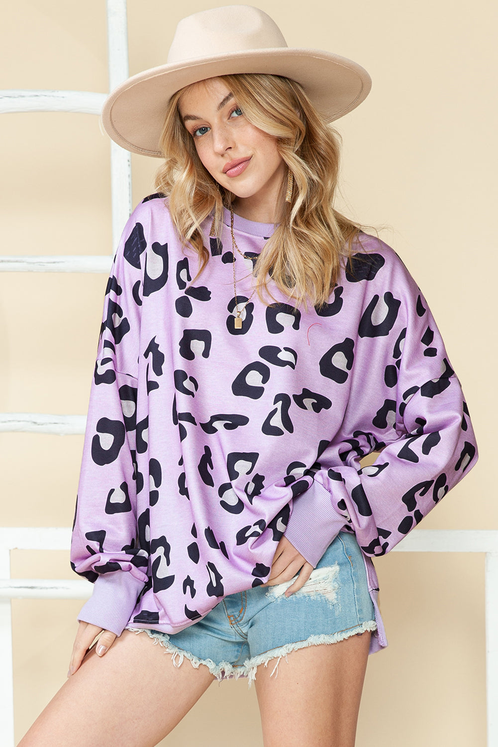 Leopard Print Drop Shoulder Slit Oversized Sweatshirt - Babbazon Sweatshirts & Hoodies