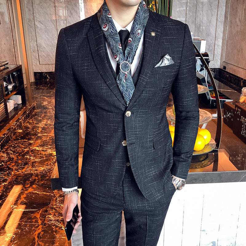 Slim-fit Three-piece Suit With Dark Pattern Business Casual 