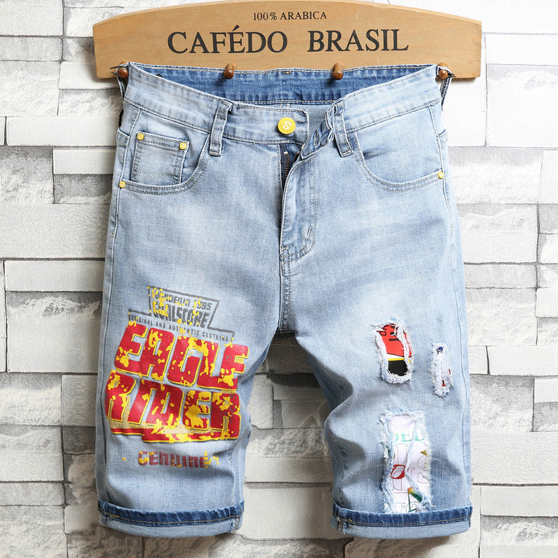 Stretch Denim Shorts Men's Five-point Pants Embroidery