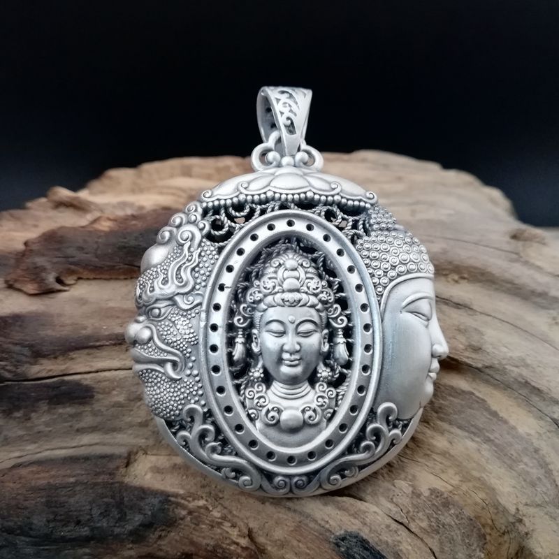 Pure Silver S999 Men's Buddha Magic A Flash Of Thought Hollow Pendant