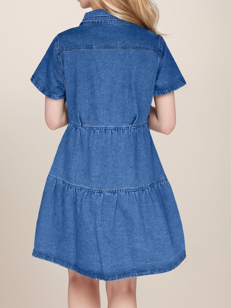 Button Up Short Sleeve Denim Dress 