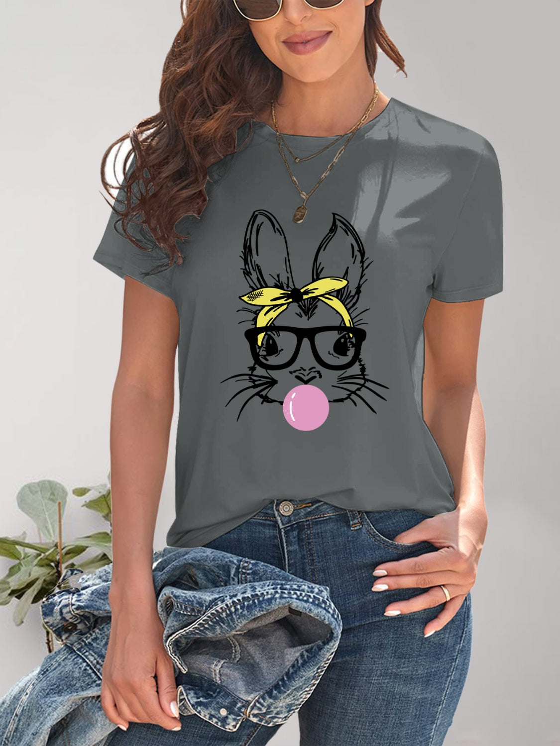 Rabbit Graphic Round Neck Short Sleeve T-Shirt 