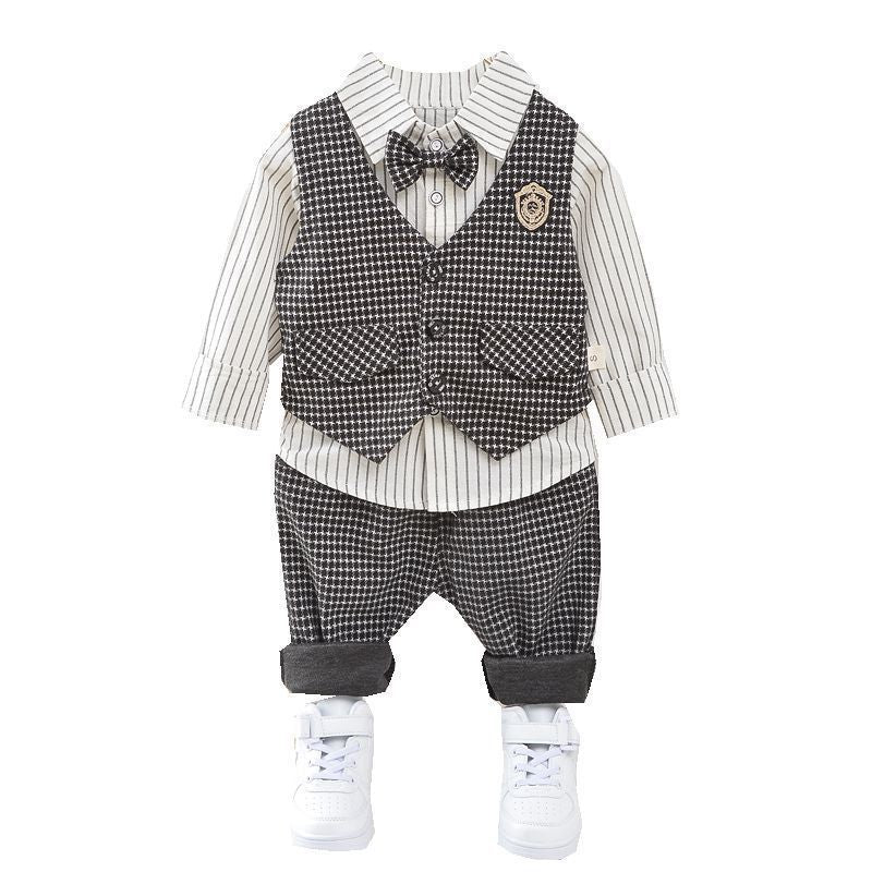 Autumn Children's Long-sleeved Houndstooth Striped Shirt Vest Three-piece Set