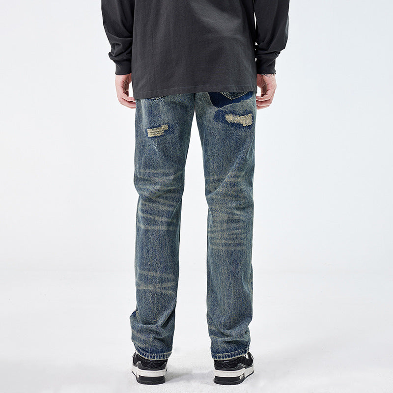 American Style Loose Broken Patch Straight Retro Denim Trousers Men