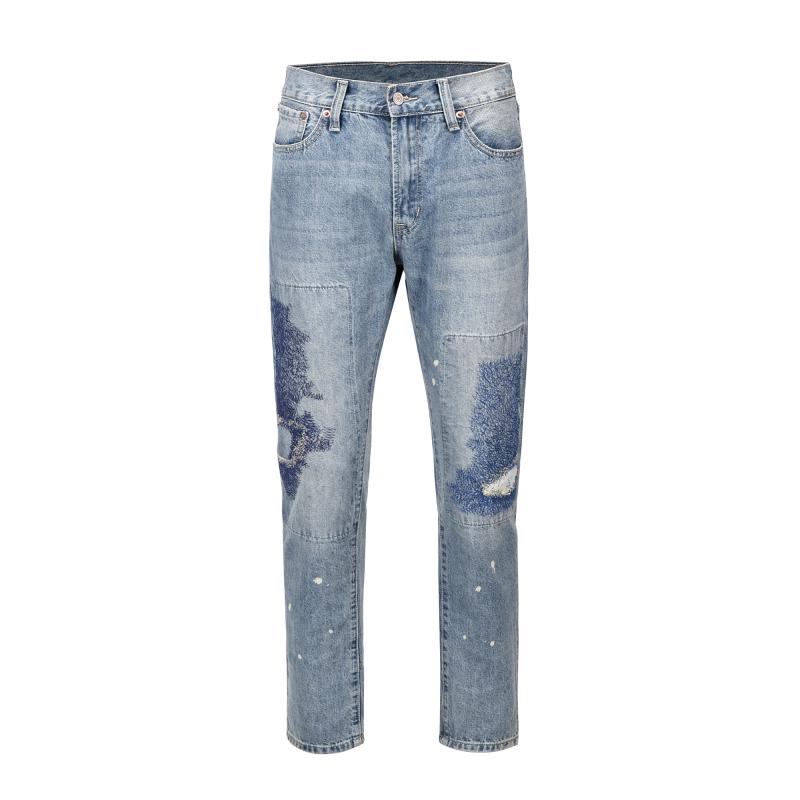 Heavy Industry Electric Embroidery Burnt Flower Washed Cut Casual Straight Men's Jeans