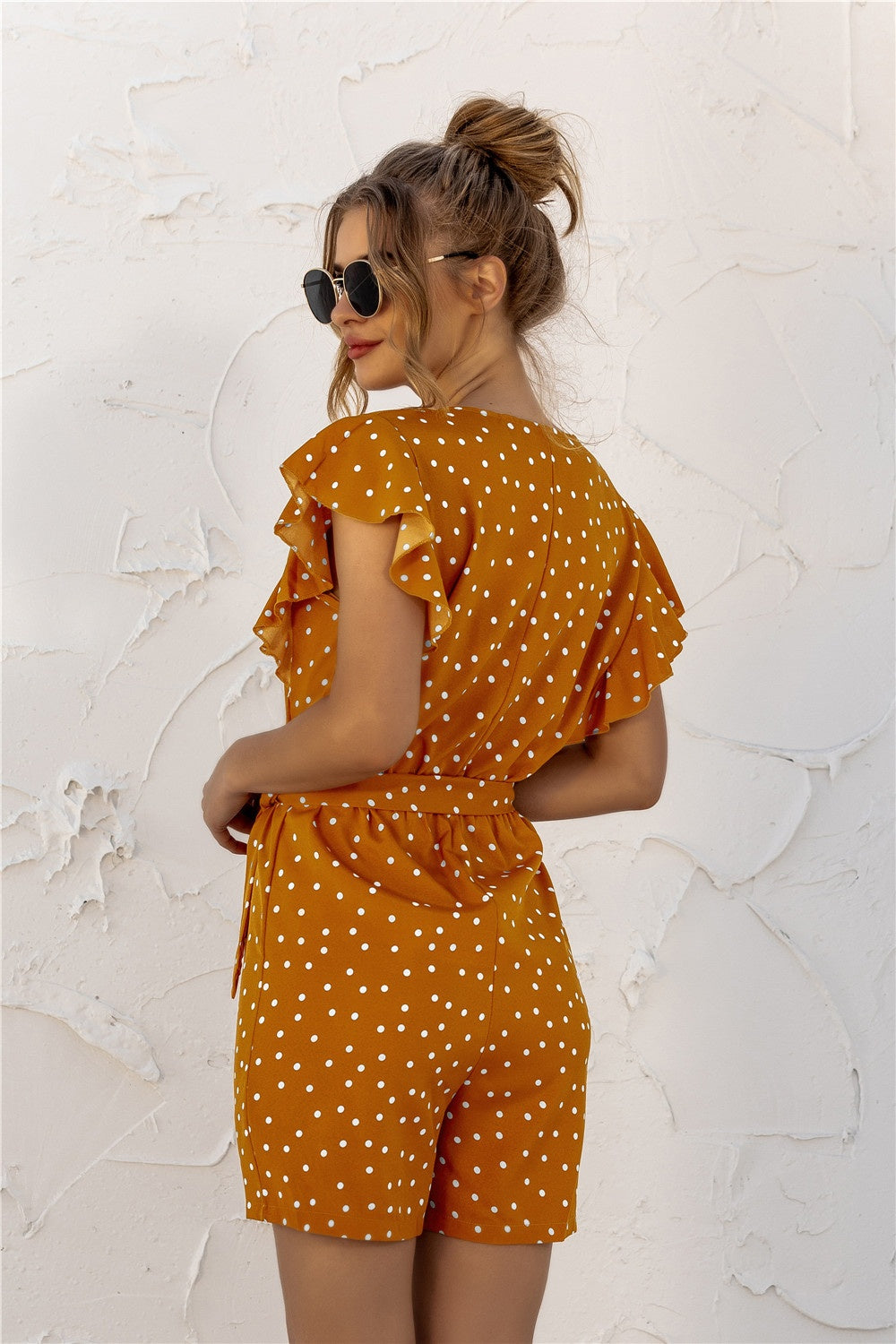 Ruffled Polka Dot Half Button Romper 