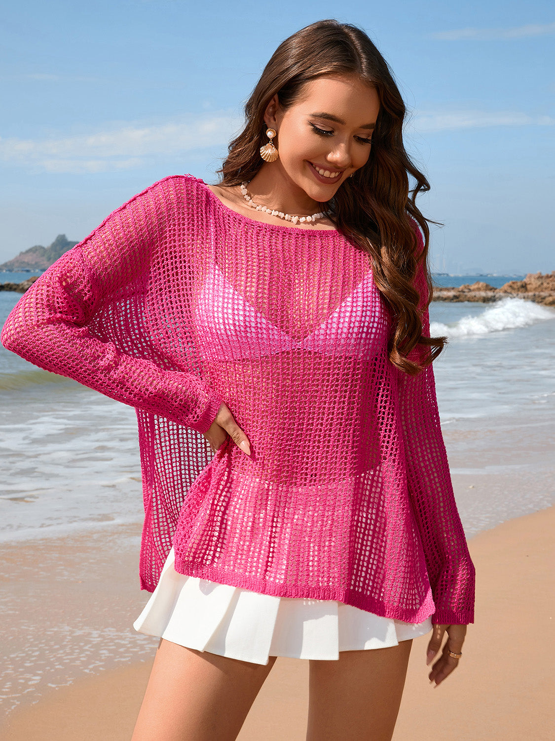 Openwork Slit Boat Neck Long Sleeve Cover-Up 