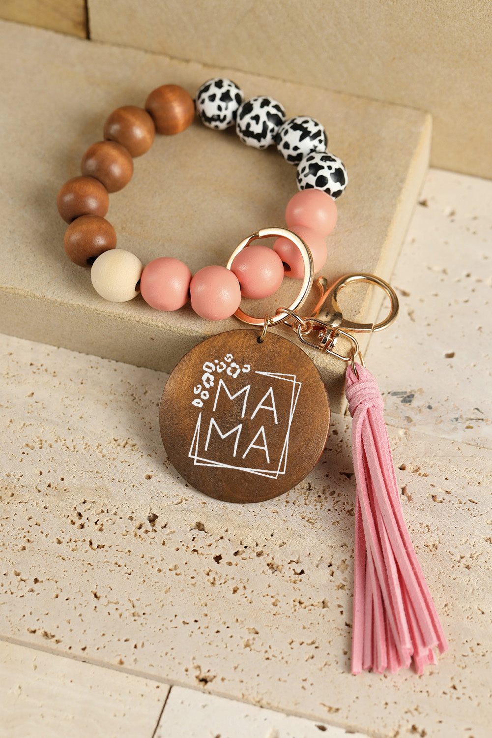 Pink Mama Leopard Wood Beads Fringe Bracelet Keychain - Babbazon Accessories & Jewelry