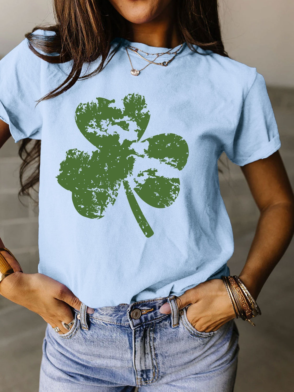 Full Size Lucky Clover Round Neck Short Sleeve T-Shirt - Babbazon New Products