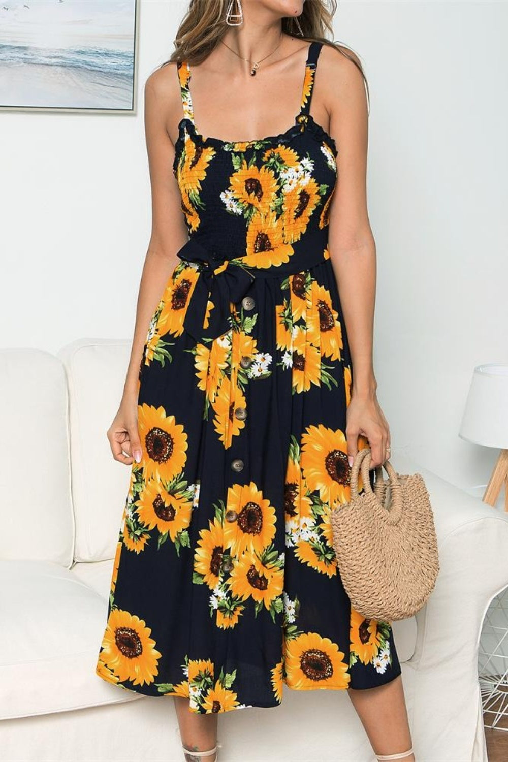 Smocked Sunflower Printed Sleeveless Cami Dress - Babbazon new