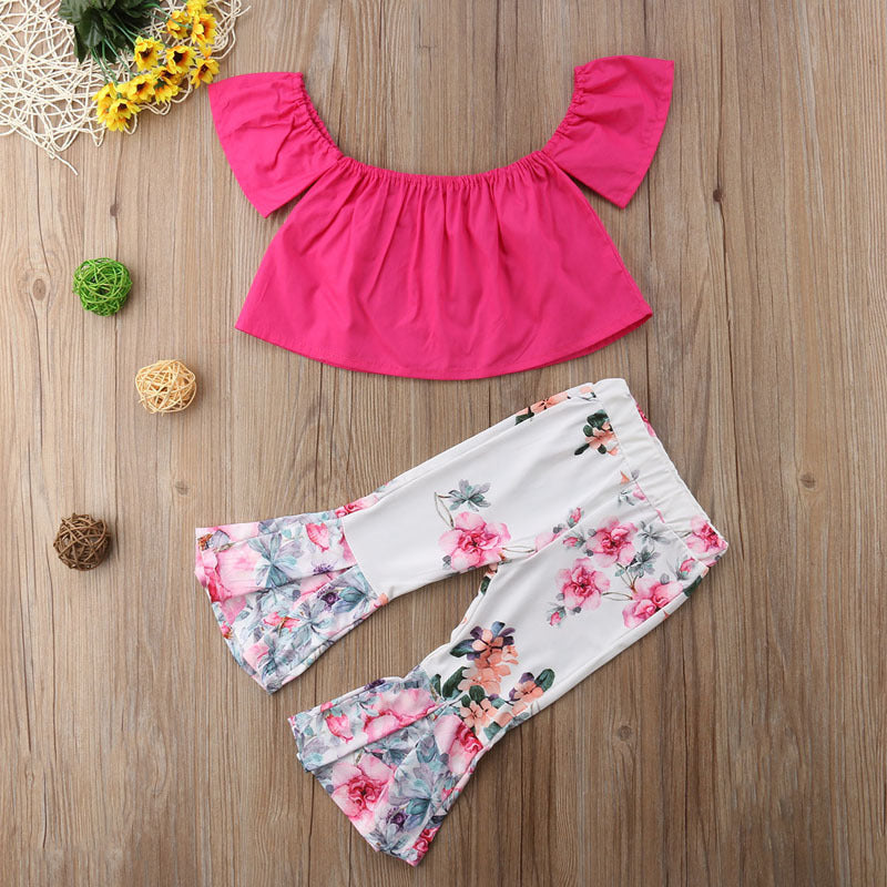 Girls' Flying Sleeves One-shoulder Blouse And Flower Trousers 2-piece Set