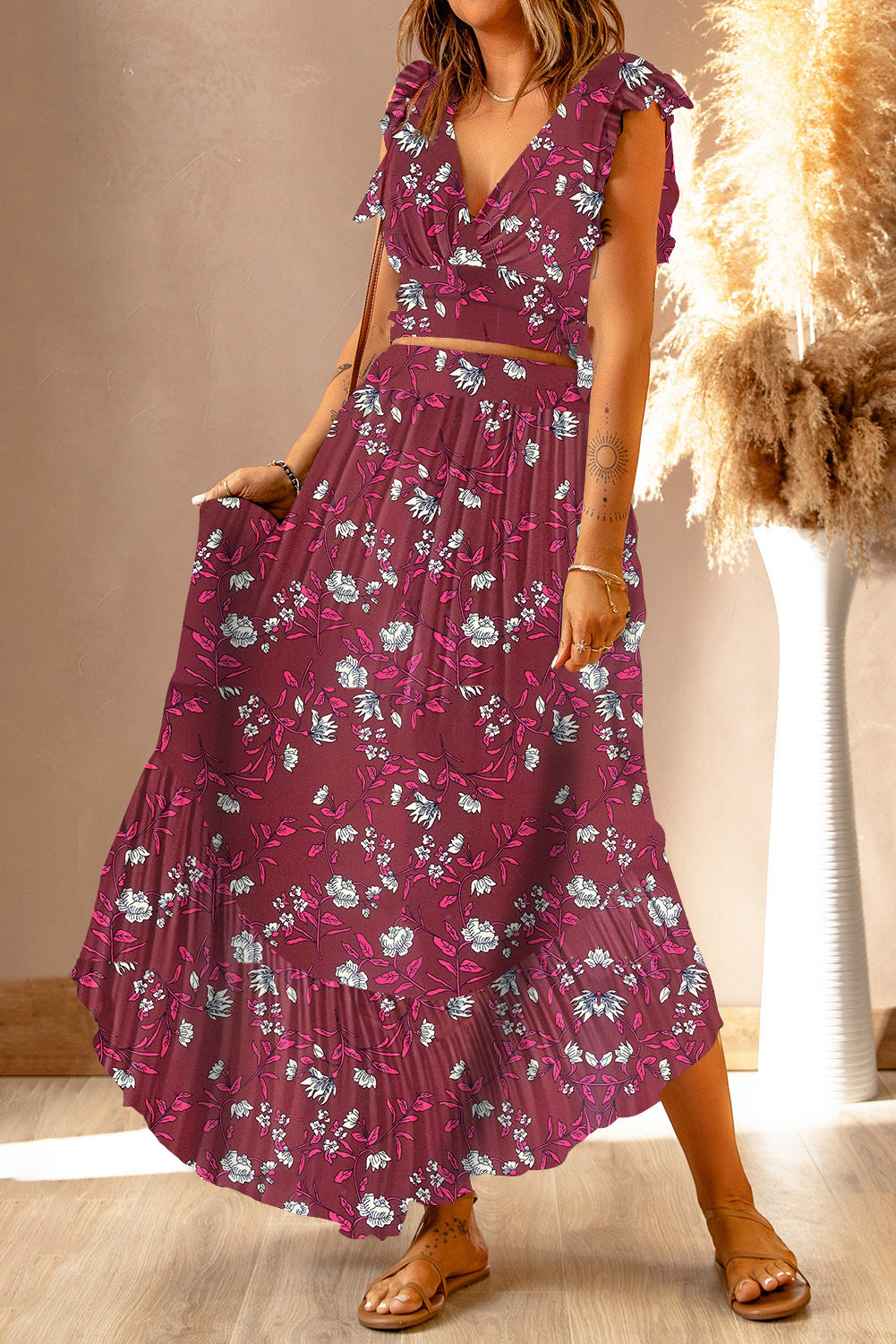 Printed Tie Back Cropped Top and Maxi Skirt Set - Babbazon Tops