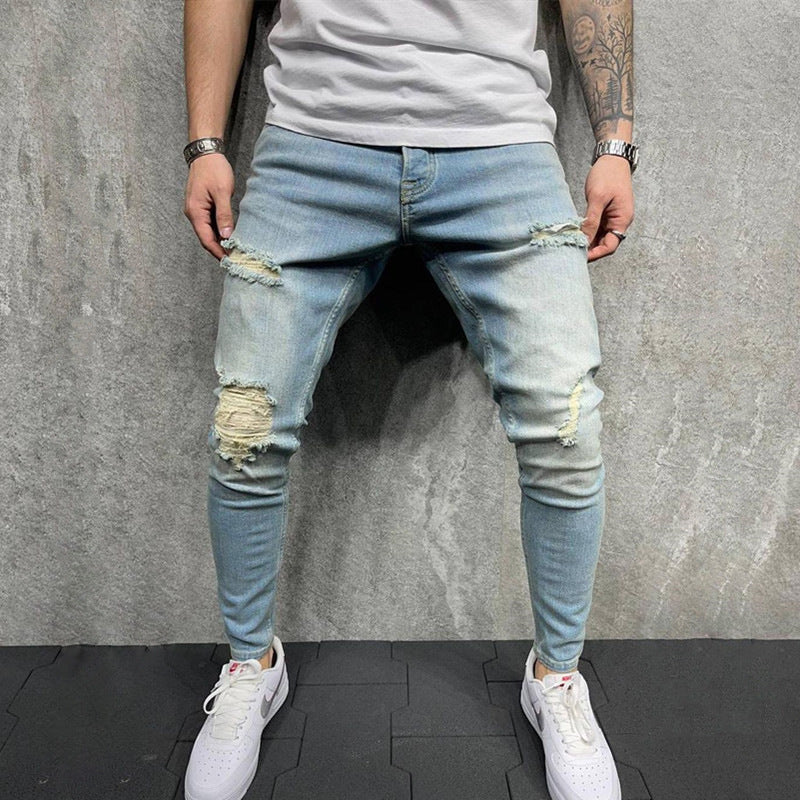 Men's Small Feet Jeans European And American Frayed Casual Slim Jeans