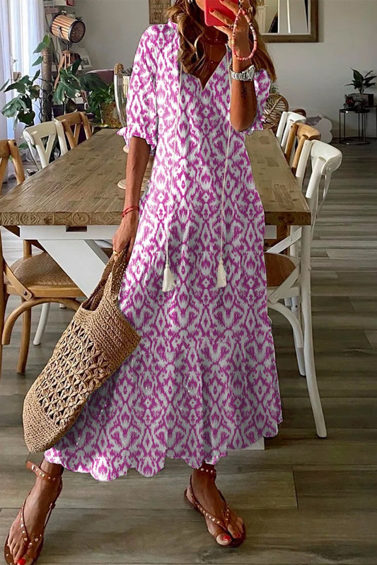 Pink Geometric Print Casual V Neck Maxi Dress - Babbazon Maxi Dresses