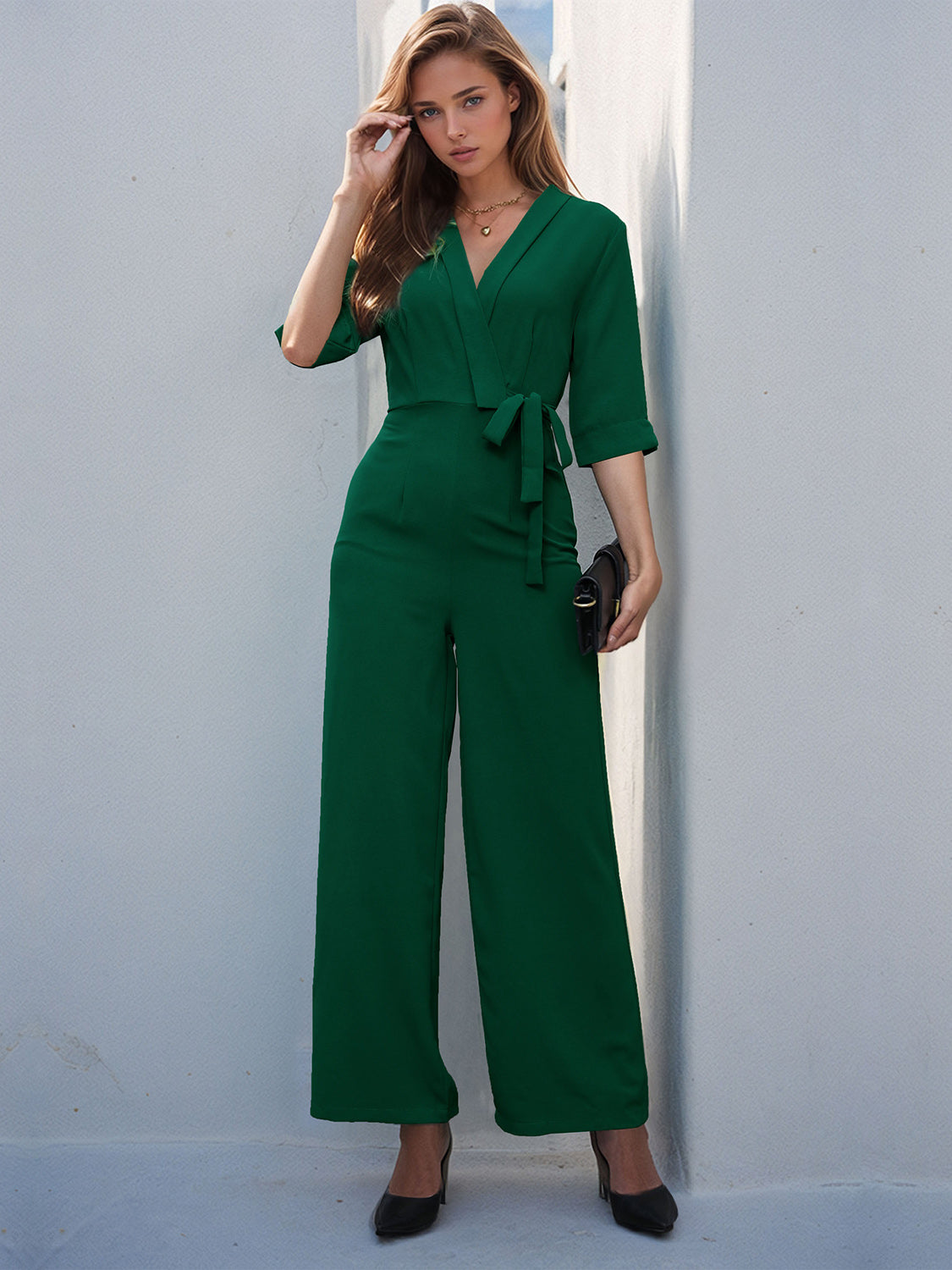 Surplice Half Sleeve Wide Leg Jumpsuit - Babbazon New Products