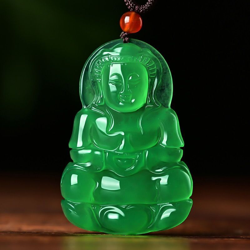 Female Natural Jade Green Maitreya Buddha Guanyin Pendant Necklace