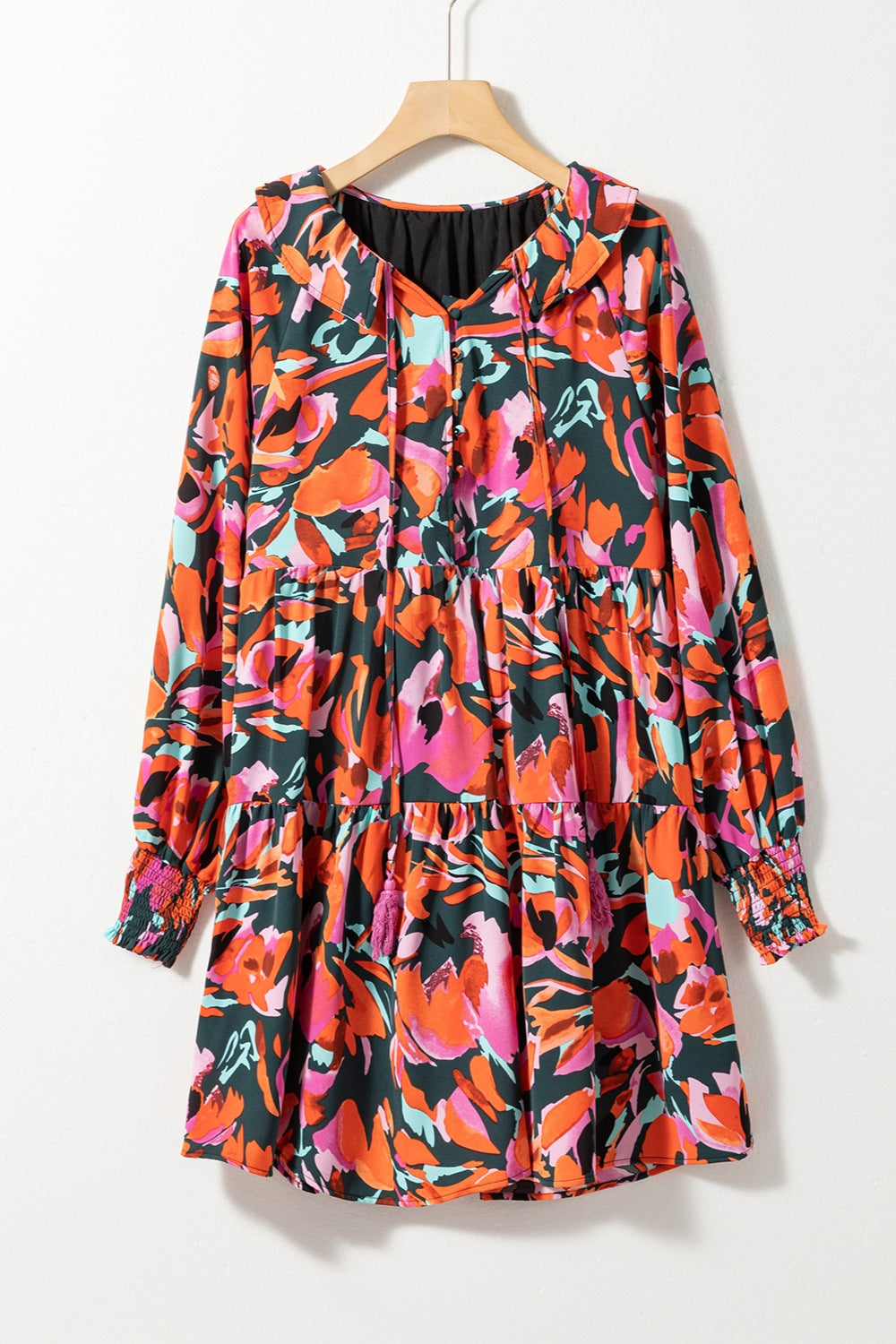 Printed Tie Neck Lantern Sleeve Mini Dress 