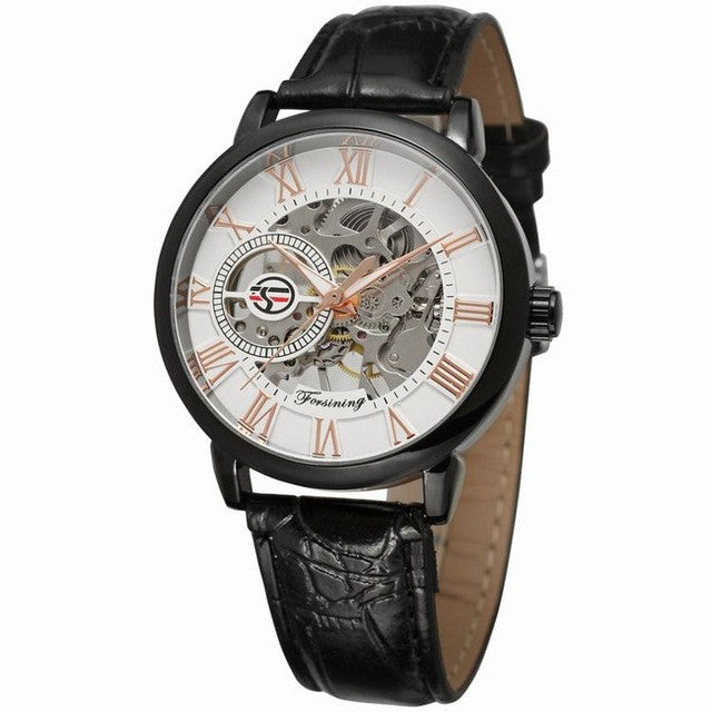 Hollow Mechanical Skeleton Transparent Style Leather Wrist Watch