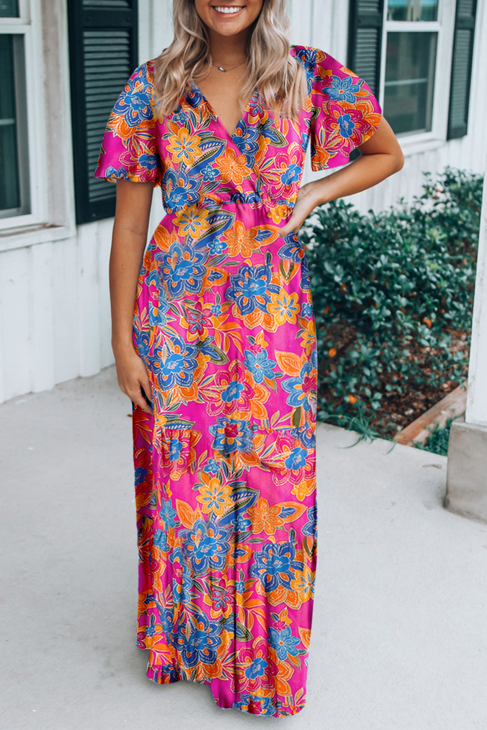 Wholesale Rose Boho Abstract Print V Neck Short Sleeve Maxi Wrap Dress - Babbazon Maxi Dresses