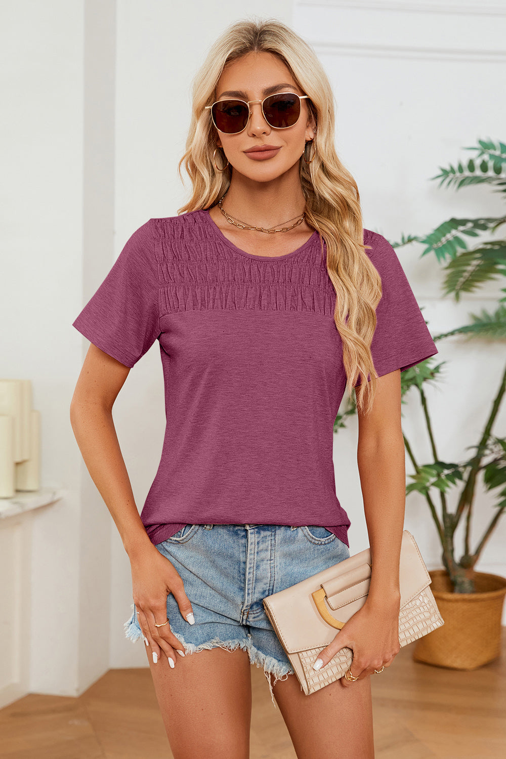 Ruched Round Neck Short Sleeve T-Shirt - Babbazon New Products