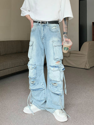 Multi-pocket Heavy Industry Jeans Men's Loose Straight Wide Leg Trousers Do Old Overalls