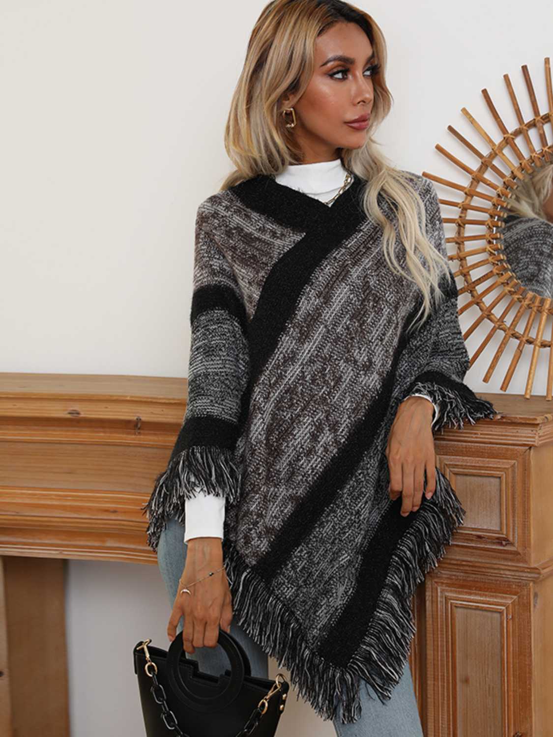 V-Neck Poncho with Fringes 