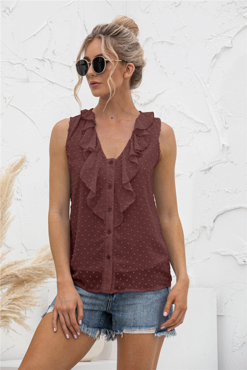 Swiss Dot Ruffled Wide Strap Tank 